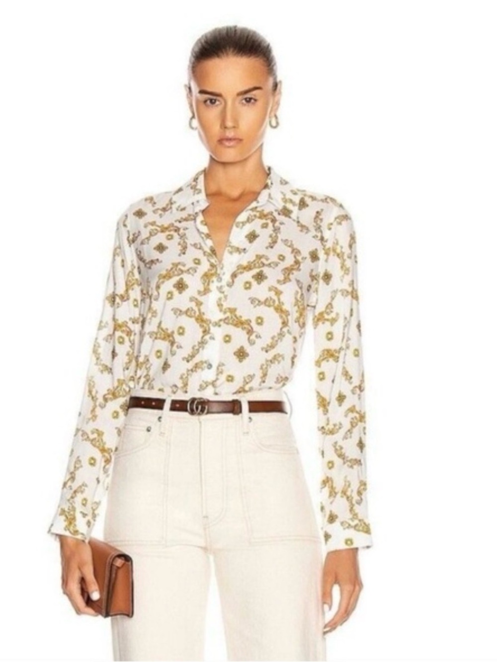L'AGENCE White Button-Down Shirt with Gold Chain Print